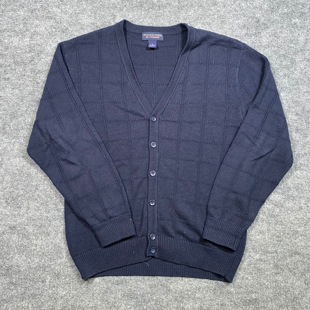 Roundtree & Yorke Mens Navy Blue Cotton‎ Wool Grid Cardigan Sweater Medium